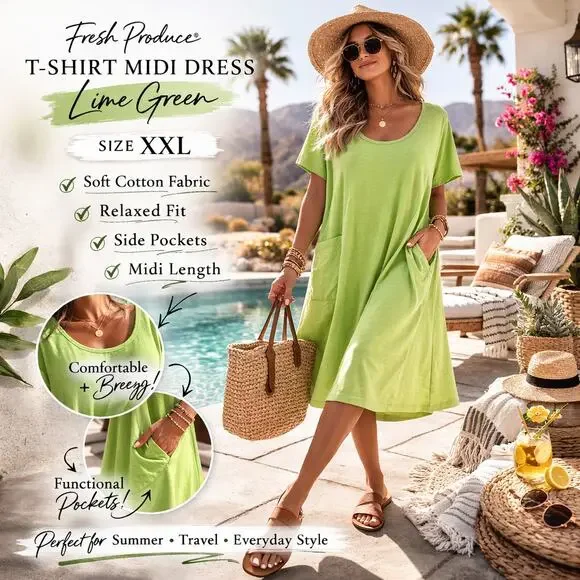 Fresh Produce T-Shirt Midi Dress XXL Cotton Casual Pocket Summer Relaxed Fit - Picture 1 of 7